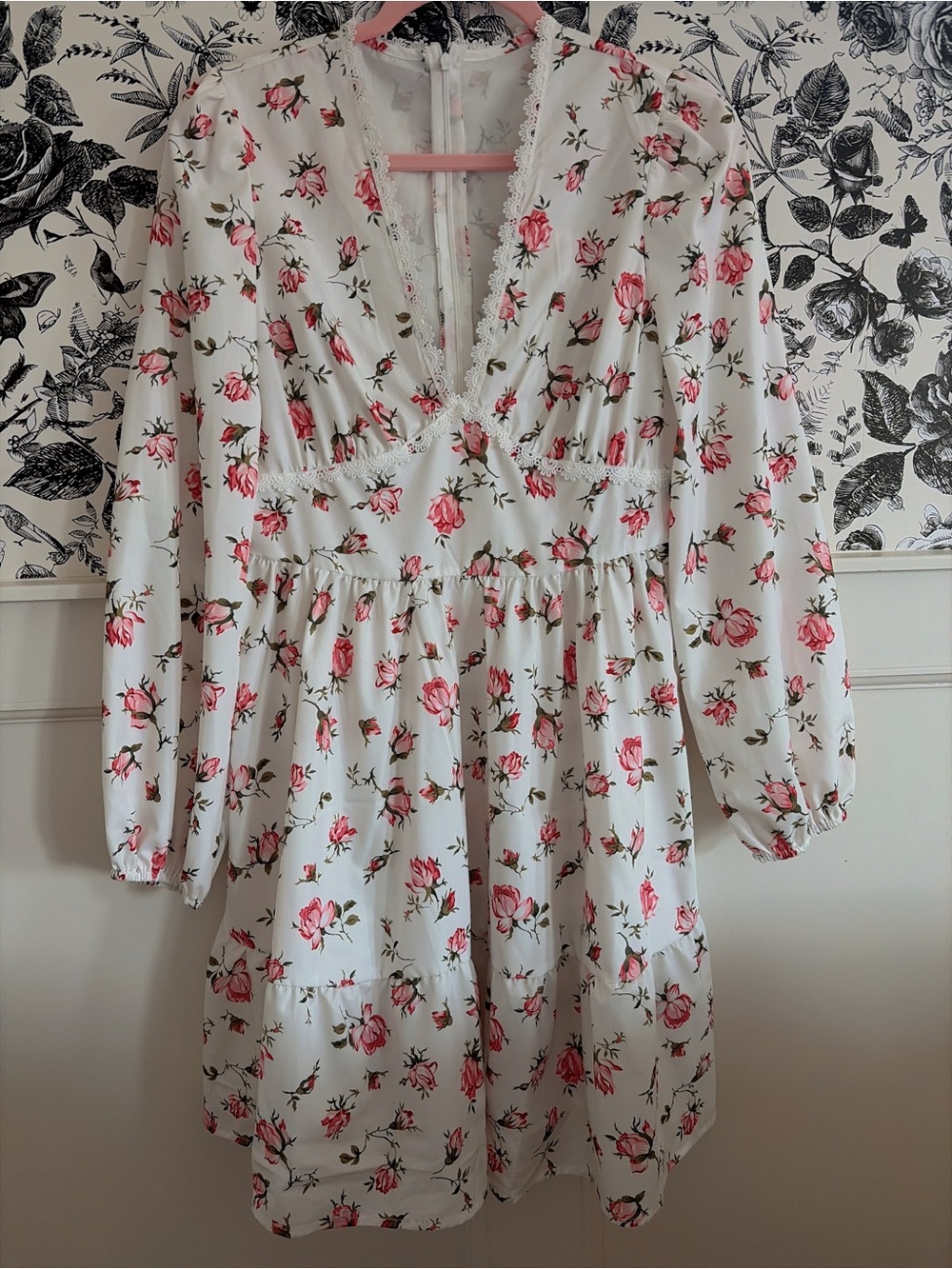 SHEIN White Dress with Rose Print and Lace Trim